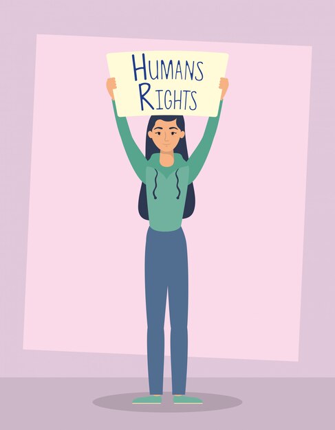 Mujer joven con diseño de ilustración de vector de personaje de etiqueta de derechos humanos