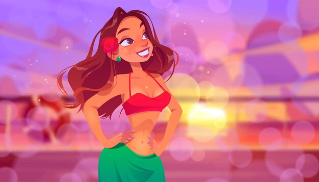 Mujer joven en el escritorio del yate hermosa chica con flor roja en el pelo
