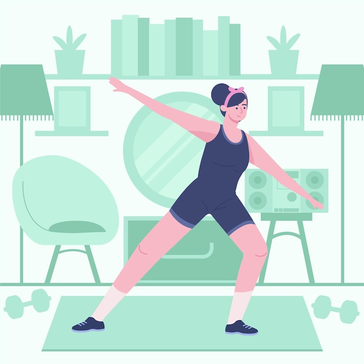 Vector gratuito mujer joven fitness bailando en casa ilustrada