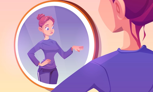 Mujer joven golpear el puño con su propio reflejo en el espejo. Chica mejor amiga de sí misma, amor propio, equipo, respeto y amistad. Gesto de golpe de puño adolescente positivo, ilustración vectorial de dibujos animados