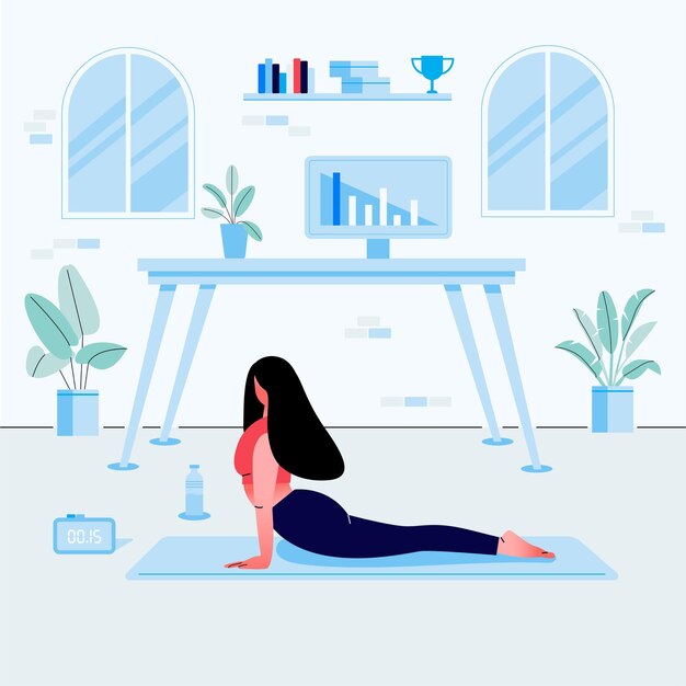 Mujer joven haciendo ejercicio de yoga en casa lugar de trabajo
