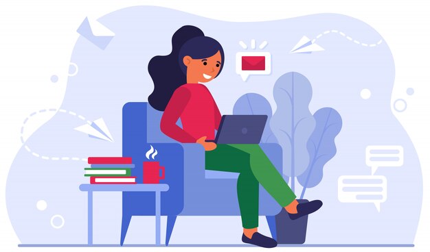 Mujer joven en la ilustración de vector plano de oficina en casa