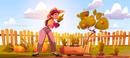 Vector gratuito mujer joven jardinería en el patio o campo con valla