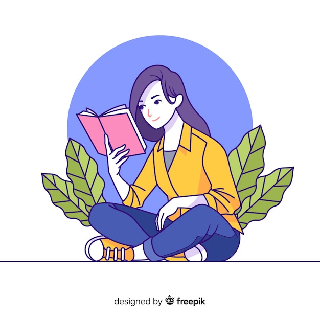 Mujer joven leyendo en estilo de dibujo coreano