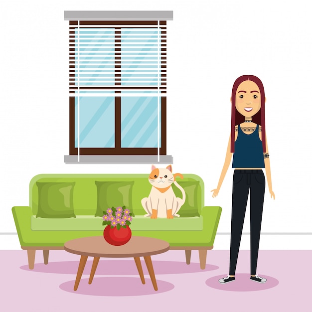 Vector gratuito mujer joven con mascota en la casa