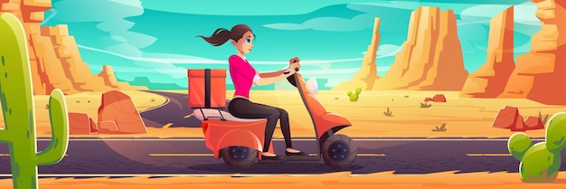 Vector gratuito mujer joven paseo scooter, chica conductor viajar