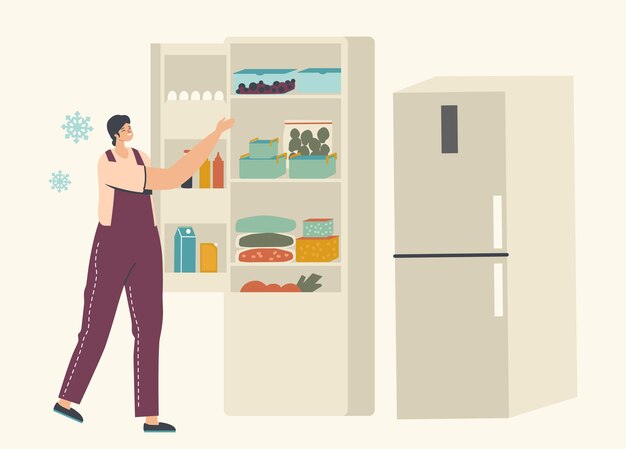 Mujer joven de pie cerca del refrigerador abierto con paquetes de verduras congeladas y recipientes con bayas heladas