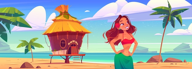 Vector gratuito mujer joven en la playa con cabaña o bungalow en isla tropical