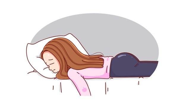 Mujer joven que se cae en la cama y se siente triste, cansada y preocupada que sufre depresión caricatura dibujada a mano ilustración de arte de dibujos animados