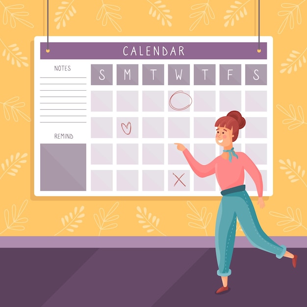 Vector gratuito mujer joven que hace una cita de reserva en un calendario