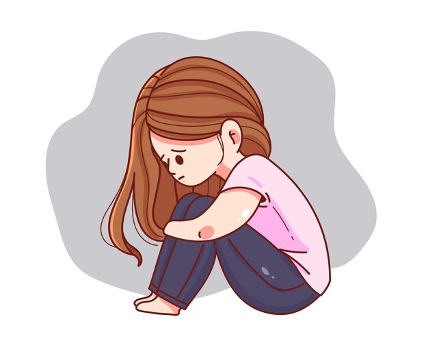 Mujer joven que se siente triste, cansada y preocupada que sufre depresión dibujos animados dibujados a mano ilustración de arte de dibujos animados
