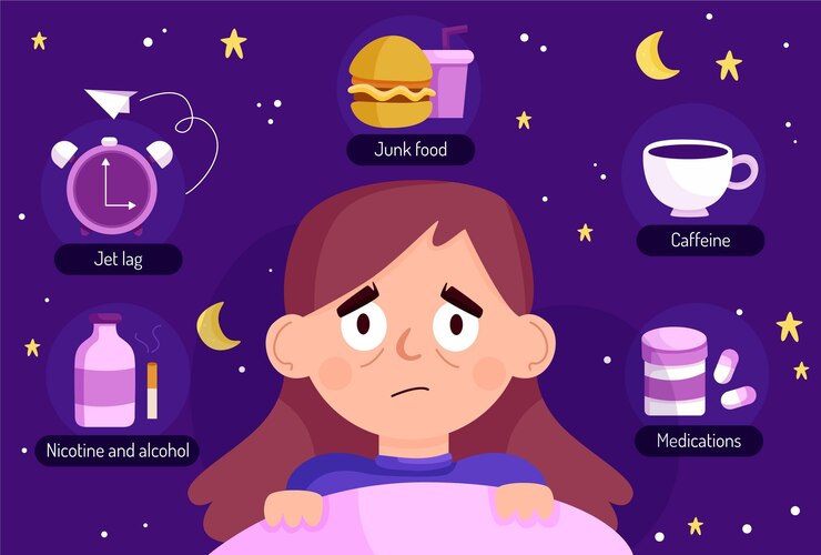 Vector gratuito mujer joven que tiene problemas para dormir y sus causas