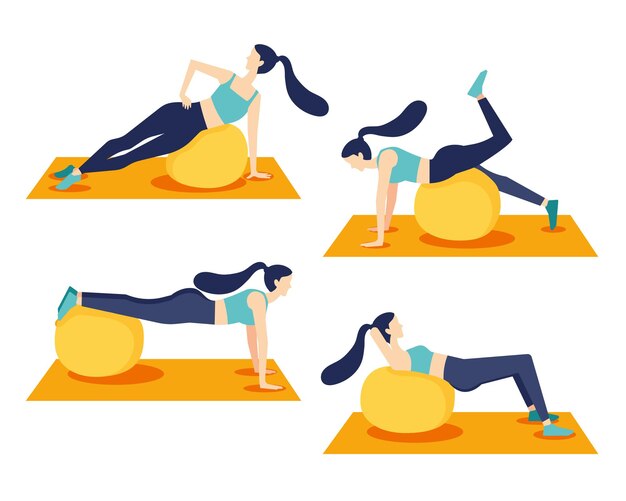 Mujer joven sana practicando yoga en la sala de estar, relajante fin de semana en casa. Ilustración vectorial.