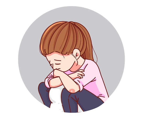 Mujer joven sentada sintiéndose triste cansado y preocupado sufrimiento depresión dibujos animados dibujados a mano ilustración de arte de dibujos animados