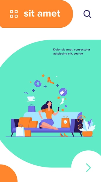 Vector gratuito mujer joven con smartphone eligiendo productos aislados ilustración vectorial plana. niña de dibujos animados pidiendo comida y ropa en la tienda online