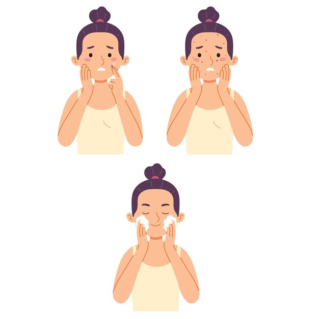 Mujer lavado de cara acné preocupación limpieza exfoliar