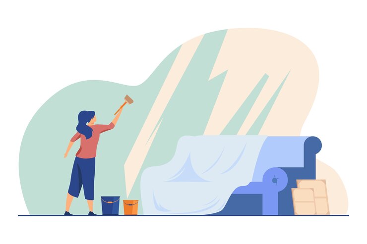 Vector gratuito mujer lavando ventana panorámica. casa, sofá, cubo ilustración vectorial plana. servicio de limpieza y limpieza