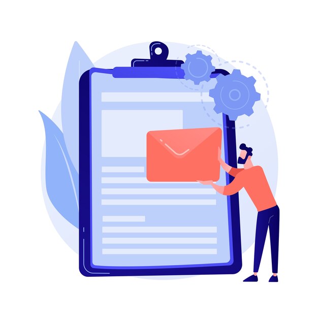 Mujer leyendo acuerdo comercial. Oferta especial. Contrato en portapapeles. Acuerdo de trato, condiciones de uso. Estudio de documentos, formulario en papel. Ilustración de metáfora de concepto aislado de vector