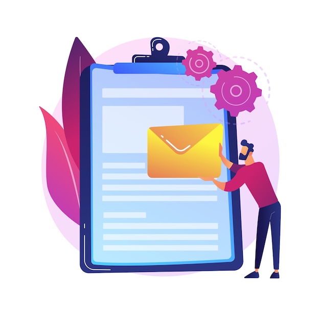 Mujer leyendo acuerdo comercial. Oferta especial. Contrato en portapapeles. Acuerdo de trato, condiciones de uso. Estudio de documentos, formulario en papel. Ilustración de metáfora de concepto aislado