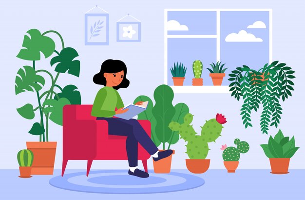 Mujer leyendo un libro en casa entre las plantas de interior