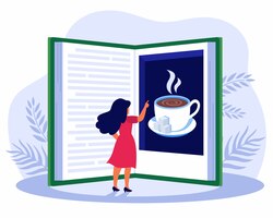 Vector gratuito mujer leyendo libro sobre café