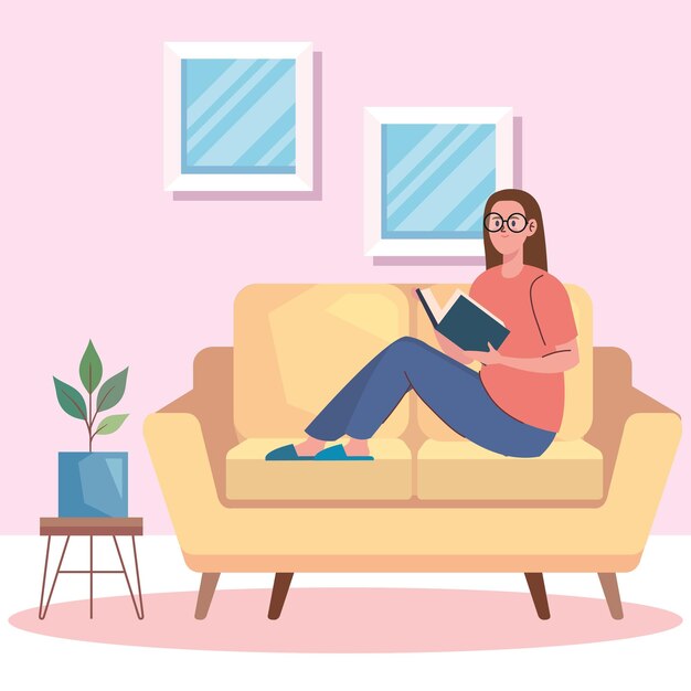 Mujer leyendo un libro en el sofá