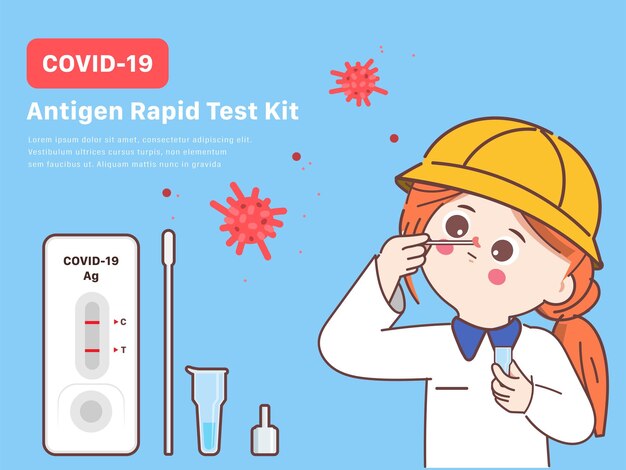 Mujer linda en estudiante de Japón que usa el kit de prueba de antígeno covid19 Personaje swabDoodle autoadministrado