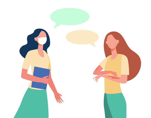 Mujer en máscara hablando con un amigo infectado de varicela. Amigos, estudiantes, ilustración plana de burbujas de discurso.