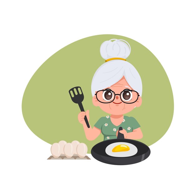 Mujer mayor o abuela cocinando huevo frito