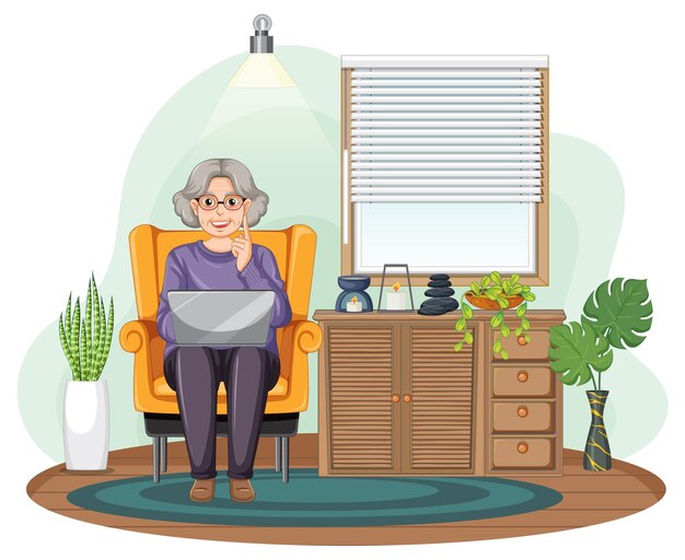 Mujer mayor que usa la computadora portátil en casa