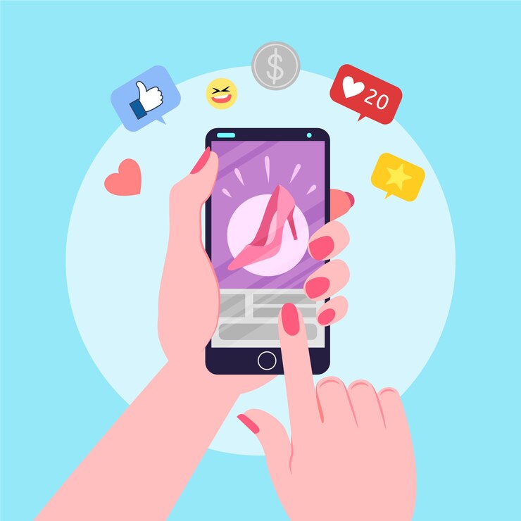 Vector gratuito mujer mirando su teléfono para marketing online