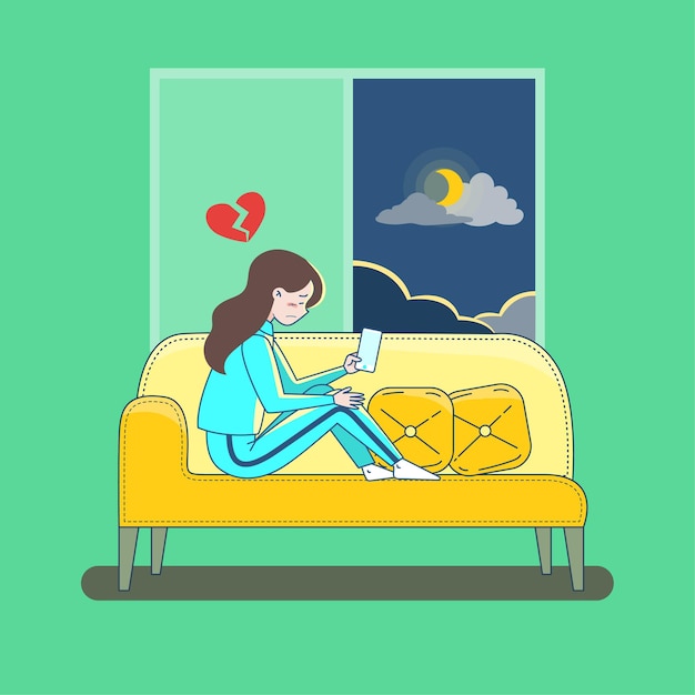 Vector gratuito mujer molesta con corazón roto mantenga smartphone sentado en la ilustración plana de vector de sofá. mujer con el corazón roto tiene un problema en la relación sintiéndose herida aislada.