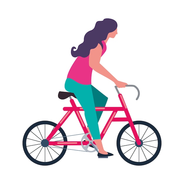 Mujer montando una bicicleta icono aislado