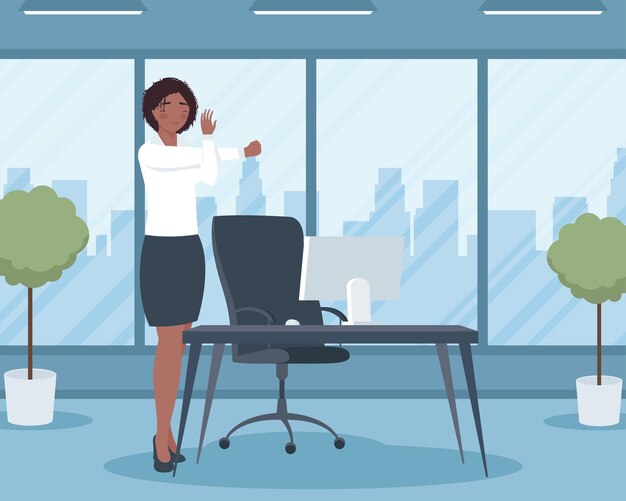mujer de negocios afro haciendo escena de descanso activo
