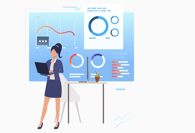 Mujer de negocios analizando gráficos de datos financieros