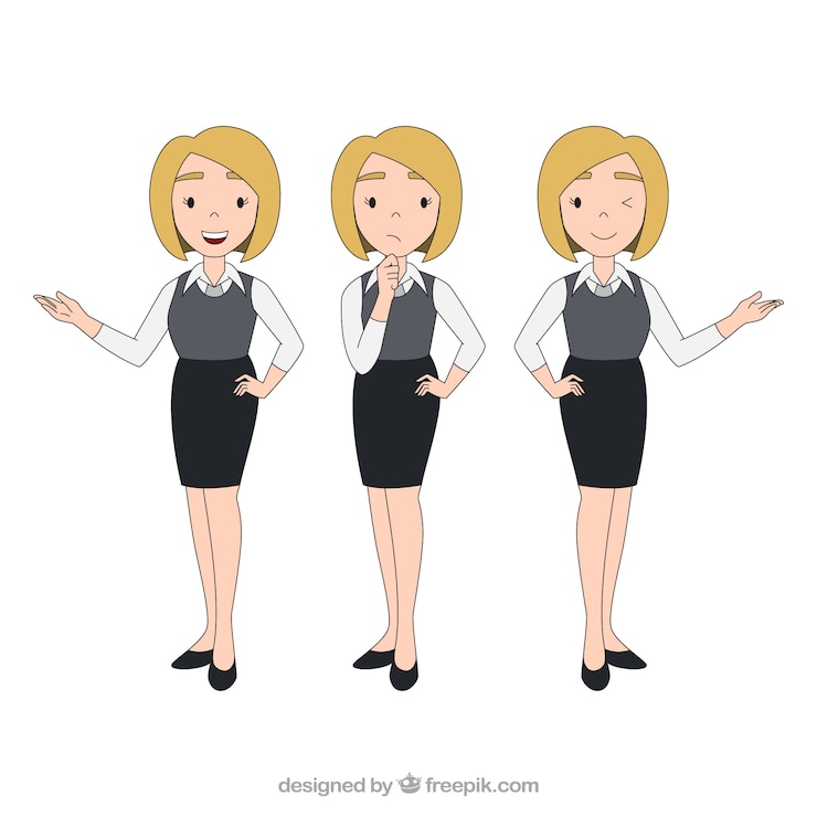 Vector gratuito mujer de negocios dibujada a mano con tres expresiones faciales