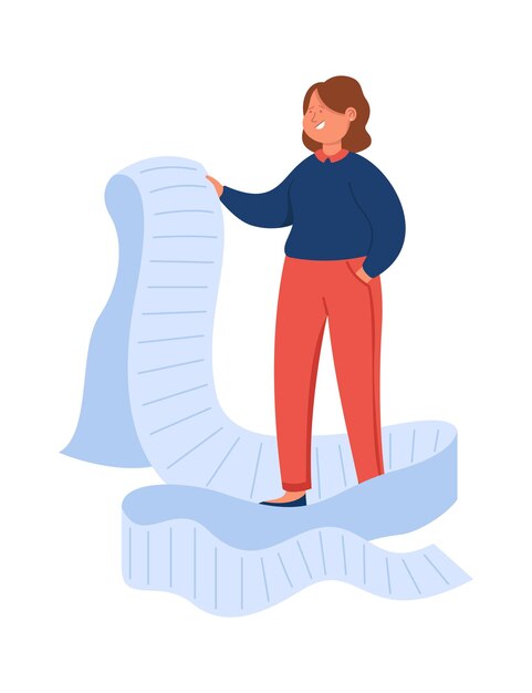 Mujer de negocios de dibujos animados mirando a través de gigante para hacer la lista