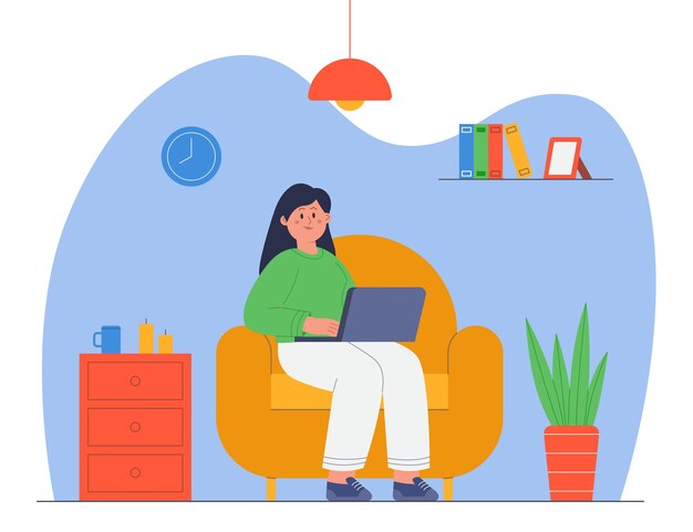 Mujer de negocios de dibujos animados trabajando desde una acogedora oficina en casa. Mujer joven con laptop sentada en una silla cómoda ilustración vectorial plana. Trabajo remoto, concepto independiente para banner o página web de inicio