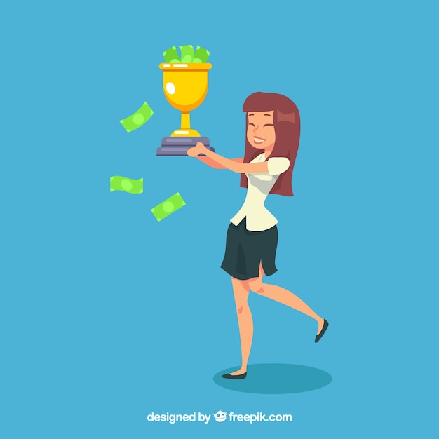 Mujer de negocios feliz con una copa llena de dinero