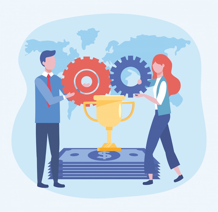 Vector gratuito mujer de negocios y hombre de negocios con taza de premio y engranajes