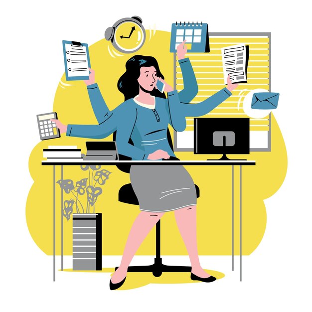 Mujer de negocios multitarea dibujada a mano