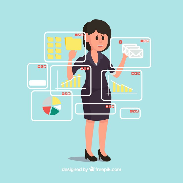 Vector gratuito mujer de negocios con pantallas táctiles