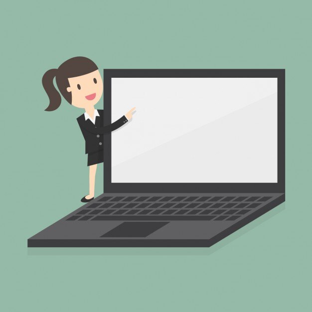 Mujer de negocios con un portátil enorme