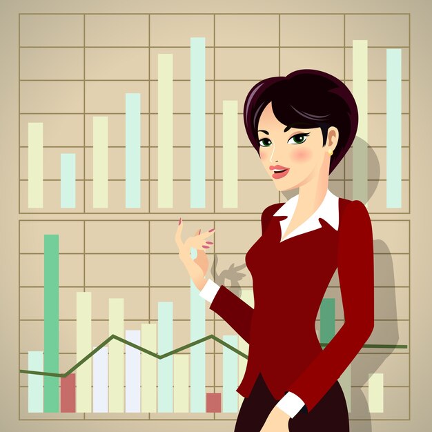 Mujer de negocios en traje corporativo rojo de dibujos animados que presenta el progreso empresarial