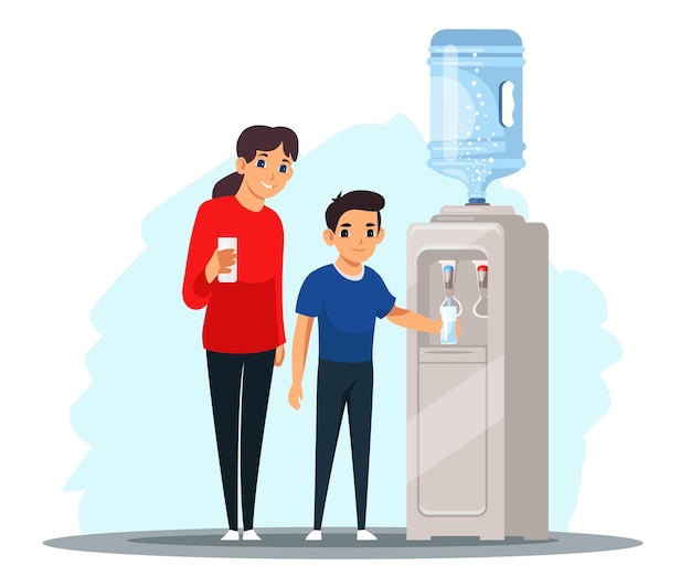 Vector gratuito mujer y niño bebiendo agua pura del refrigerador niño feliz y su madre de pie y vertiendo agua limpia y fresca en un vaso