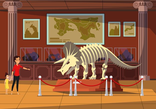 mujer, con, niño, en, museo, alegre, madre e hija, el mirar, dinosaurio, huesos