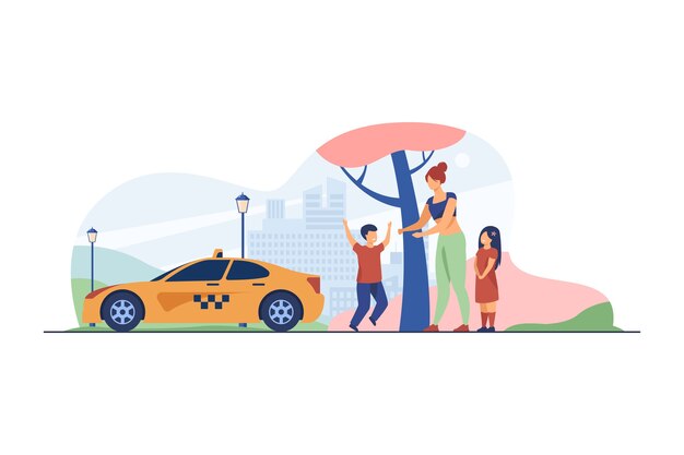 Mujer con niños cogiendo taxi. Niño, vehículo, ciudad ilustración vectorial plana. Transporte y estilo de vida urbano