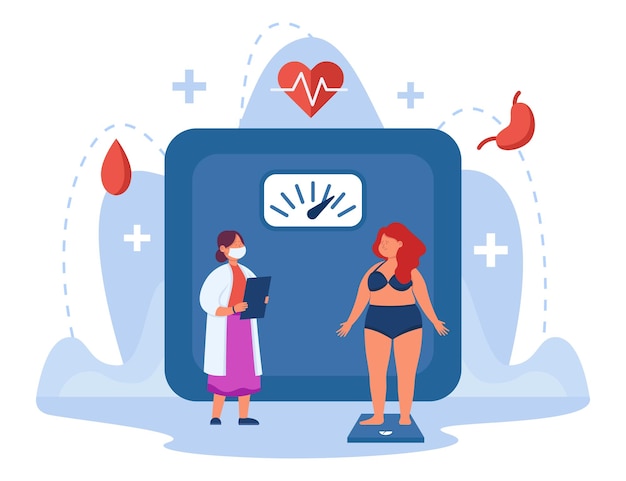 Mujer obesa pesando a escala en el hospital. Pequeña niña triste que tiene problemas de salud o diabetes, consultando con el médico ilustración vectorial plana. Impacto negativo en el estómago. Sobrepeso, concepto de enfermedad