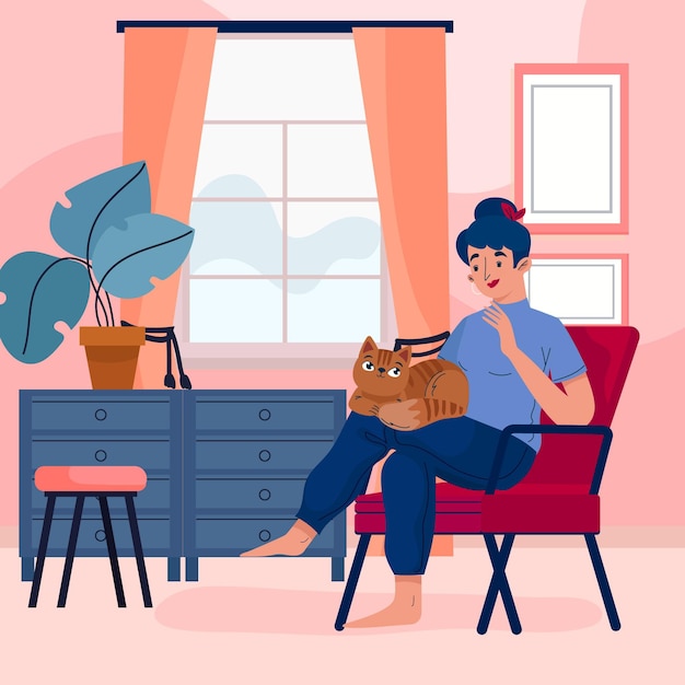 Vector gratuito mujer pasar tiempo con su gatito