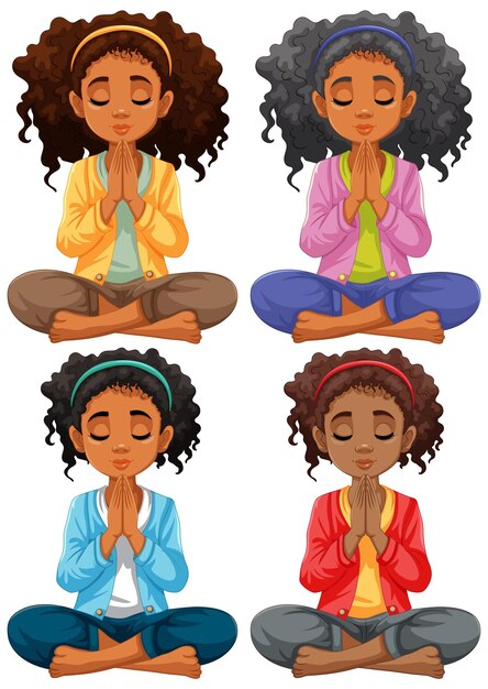 Mujer de pelo rizado meditando en atuendo colorido